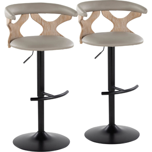 Gardenia Adjustable Swivel Bar Stool in White Wash Wood, Black Metal & Grey Leatherette (Set of 2)